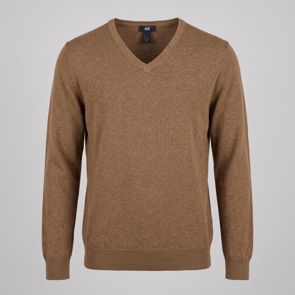 H&M Mens Medium Brown V-Neck Sweater 100% Cotton Lightweight Knit Pullover